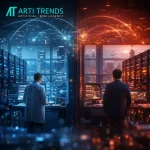 Researchers and AI infrastructure in a global technology environment, illustrating competition between the United States and China in artificial intelligence development