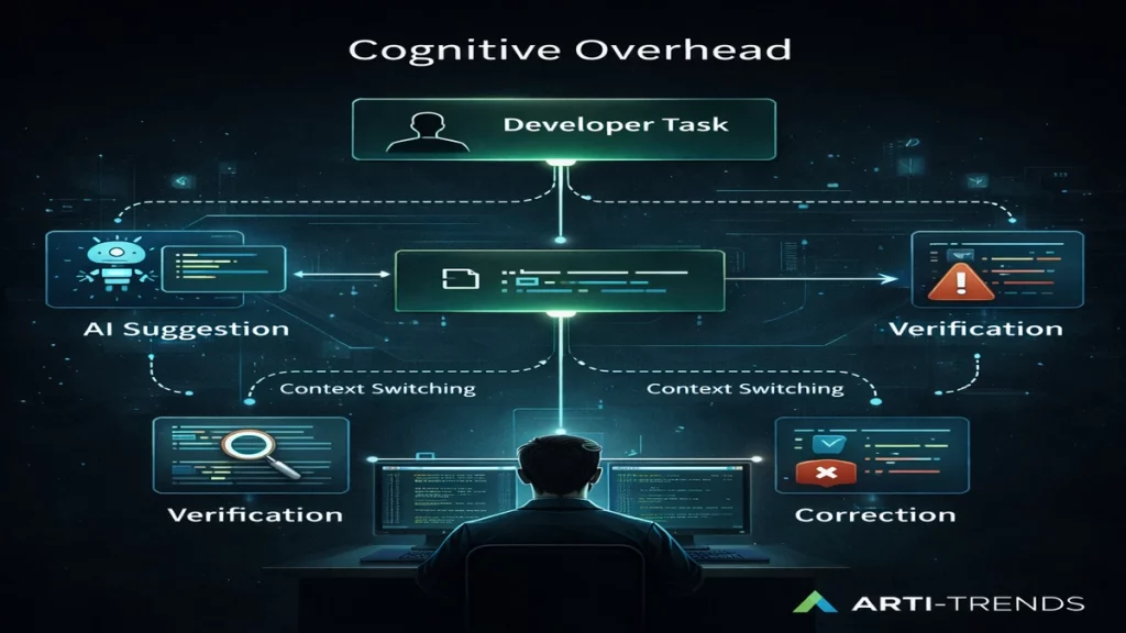 Diagram showing cognitive overhead caused by AI coding assistants through context switching, verification, and correction steps