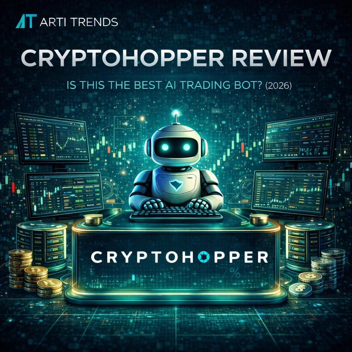 Cryptohopper review in 2026 showing an AI-powered crypto trading bot with automated strategies and trading dashboards
