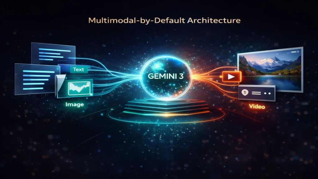 Conceptual diagram illustrating Google Gemini 3’s multimodal-by-default architecture, where text, image, and video are processed within a unified reasoning system for real product integration