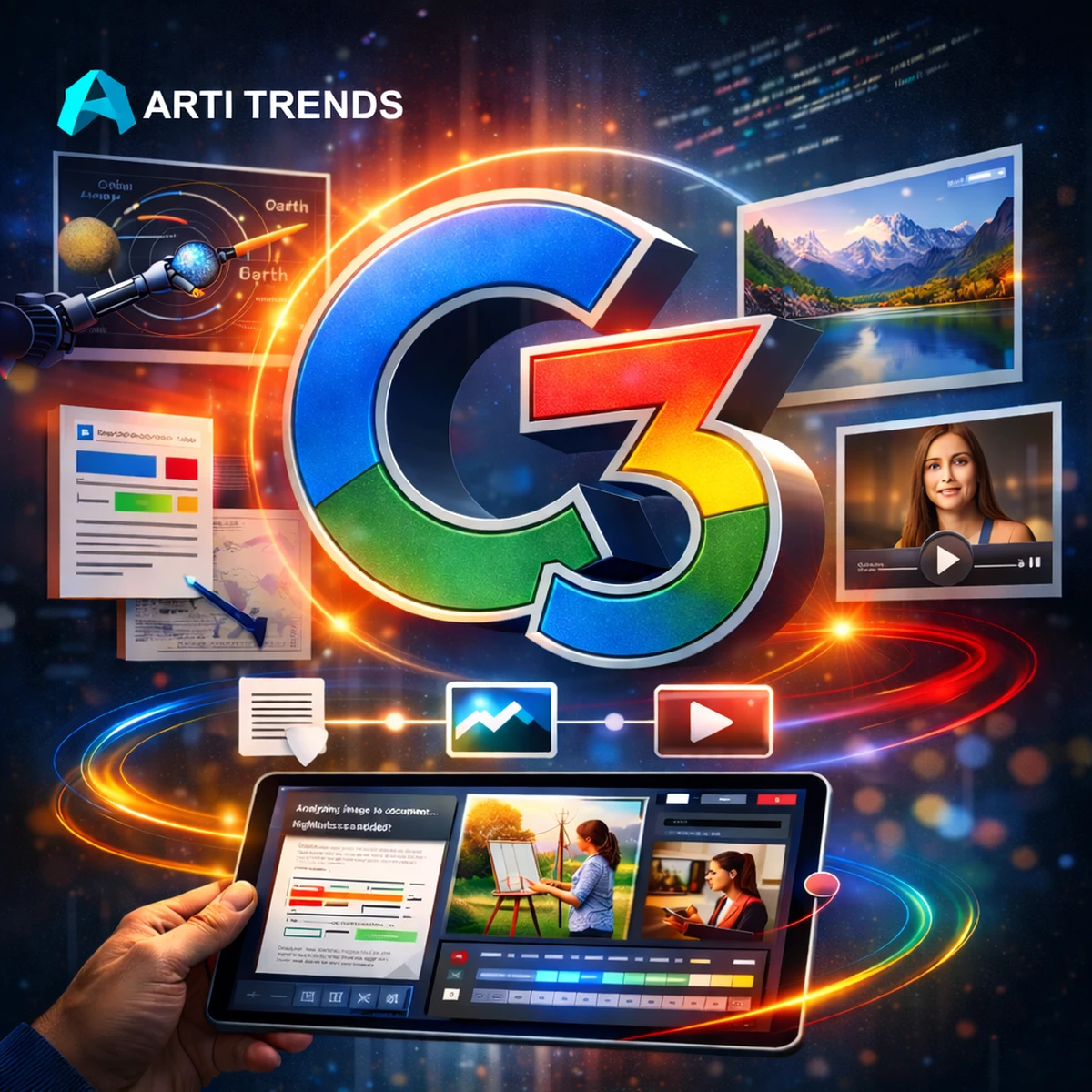 Conceptual visualization of Google’s Gemini 3 showing multimodal AI integration across text, image, and video in real-world products