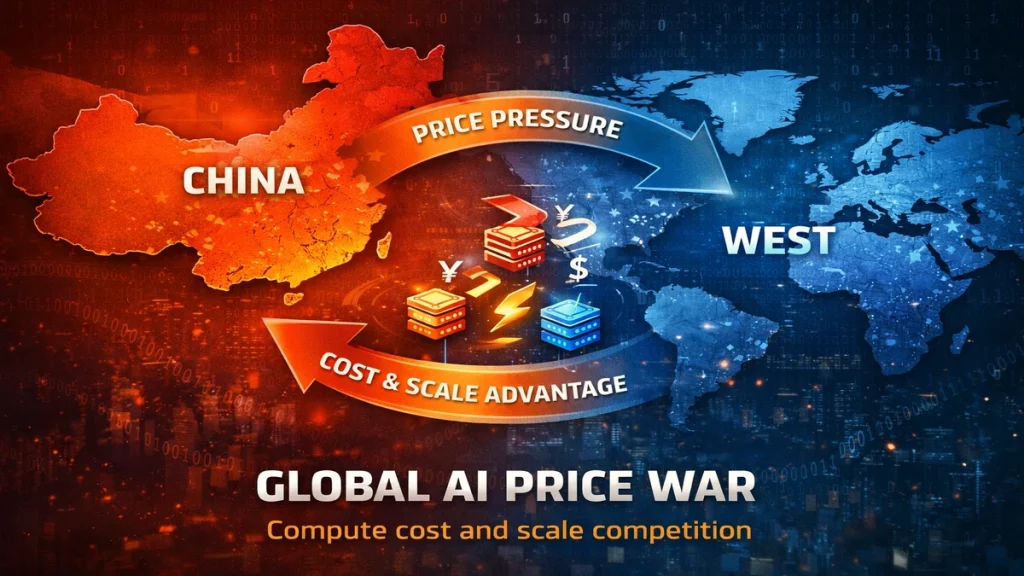 Conceptual map illustrating a global AI price war between Chinese and Western AI providers, highlighting how cost and infrastructure drive competition