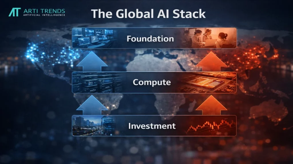 Layered diagram showing the global AI stack, from semiconductor manufacturing and cloud infrastructure to AI models and applications across the United States and China