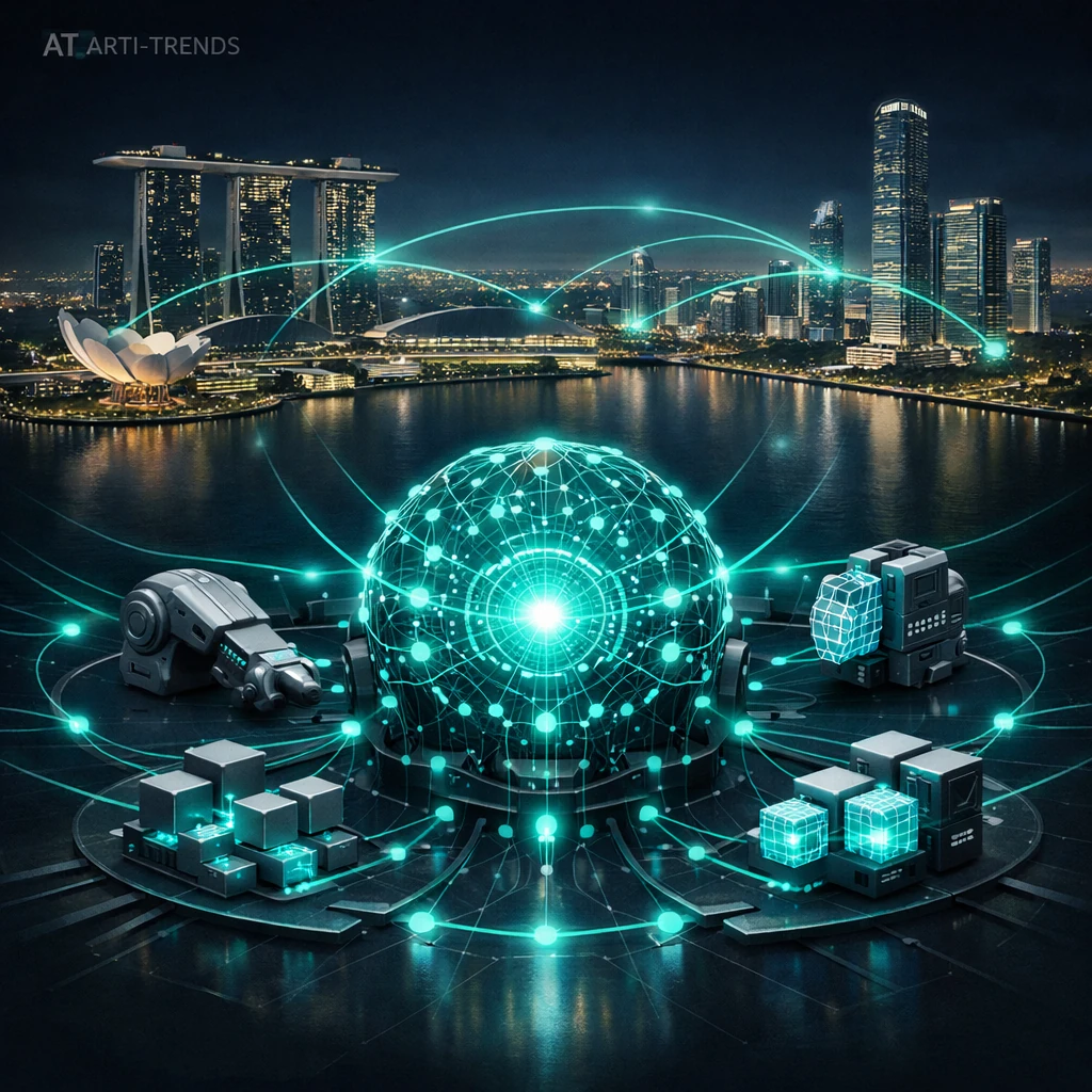 Realistic editorial illustration of Meta’s strategic AI expansion through acquisition and global research hubs, showing a centralized AI agent system connected to a Southeast Asia research campus.