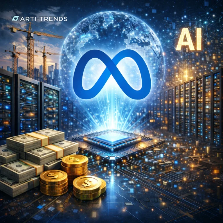 Visualization of Meta’s large-scale AI infrastructure investment, showing data centers, compute chips and global network expansion.