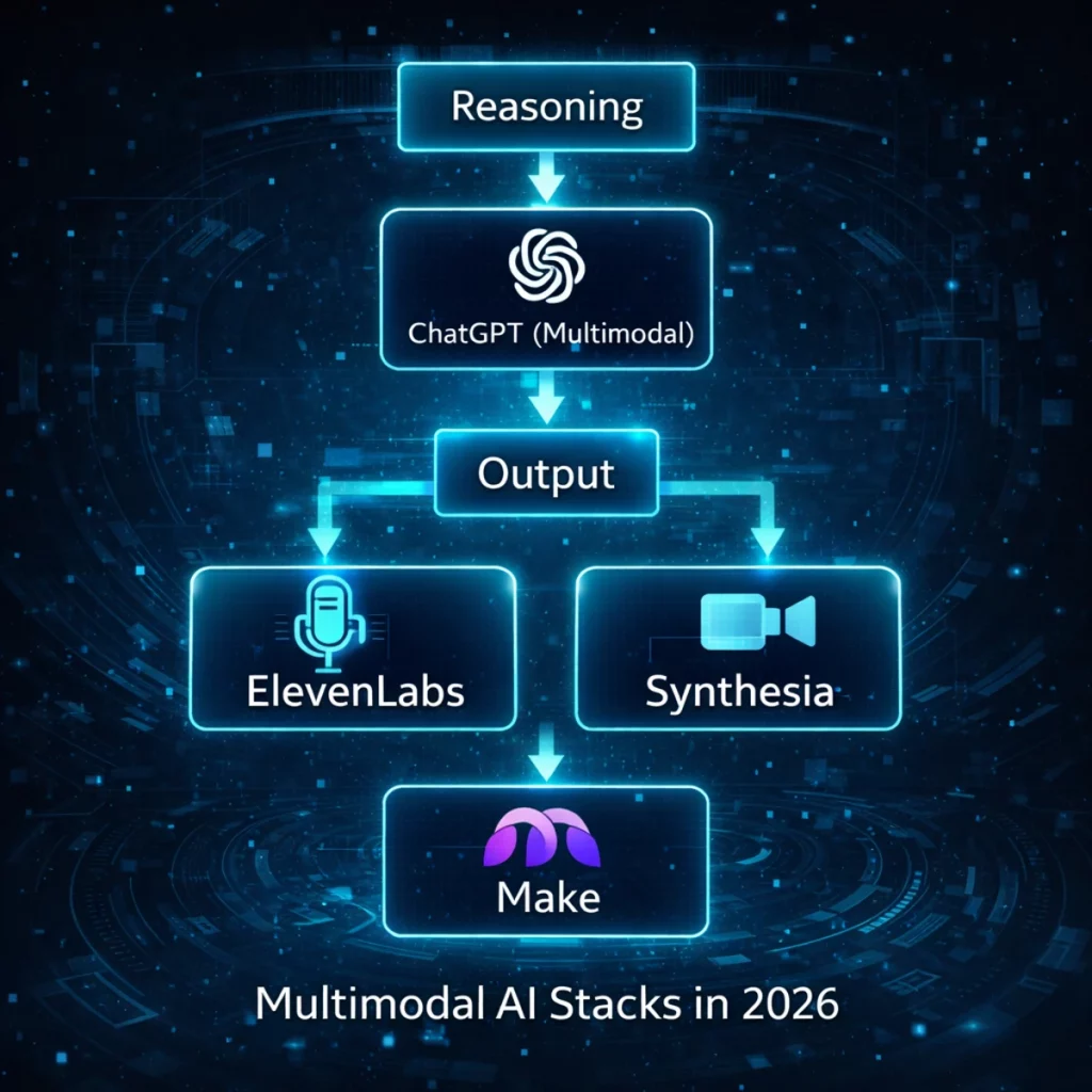 Multimodal AI workflow stack in 2026 showing reasoning, audio, video, and research layers working together