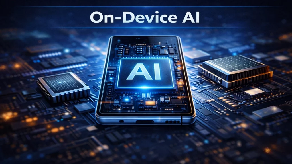 Illustration of on-device AI processing inside consumer devices using local chips instead of cloud inference
