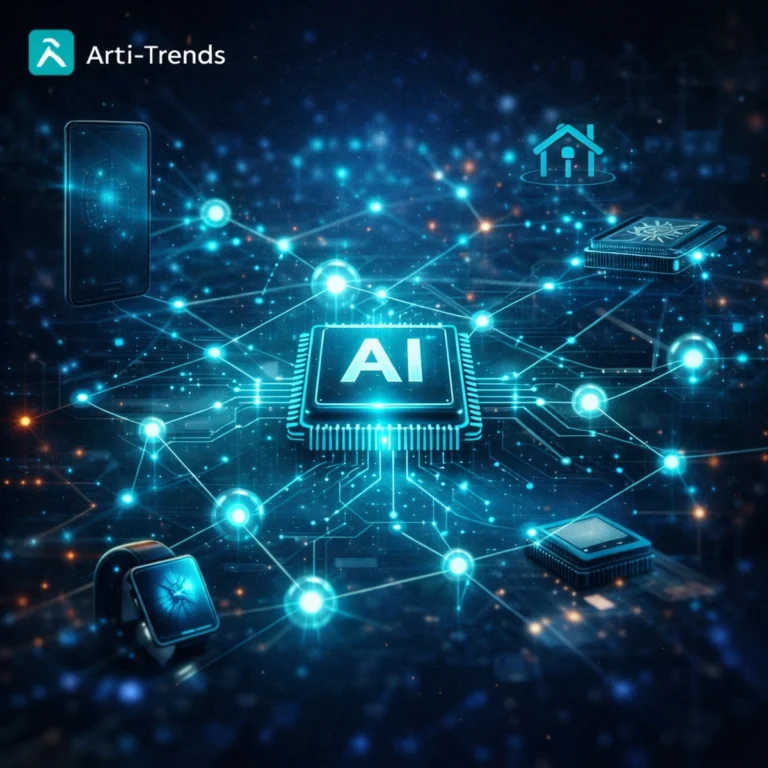 Abstract visualization of embedded AI infrastructure connecting consumer devices in a distributed ecosystem