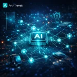 Abstract visualization of embedded AI infrastructure connecting consumer devices in a distributed ecosystem