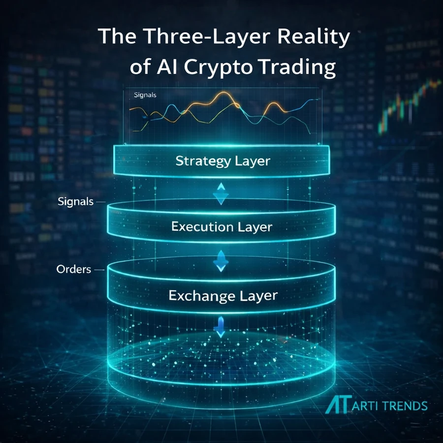 Arti-Trends three-layer reality of AI crypto trading with strategy, execution and exchange layers