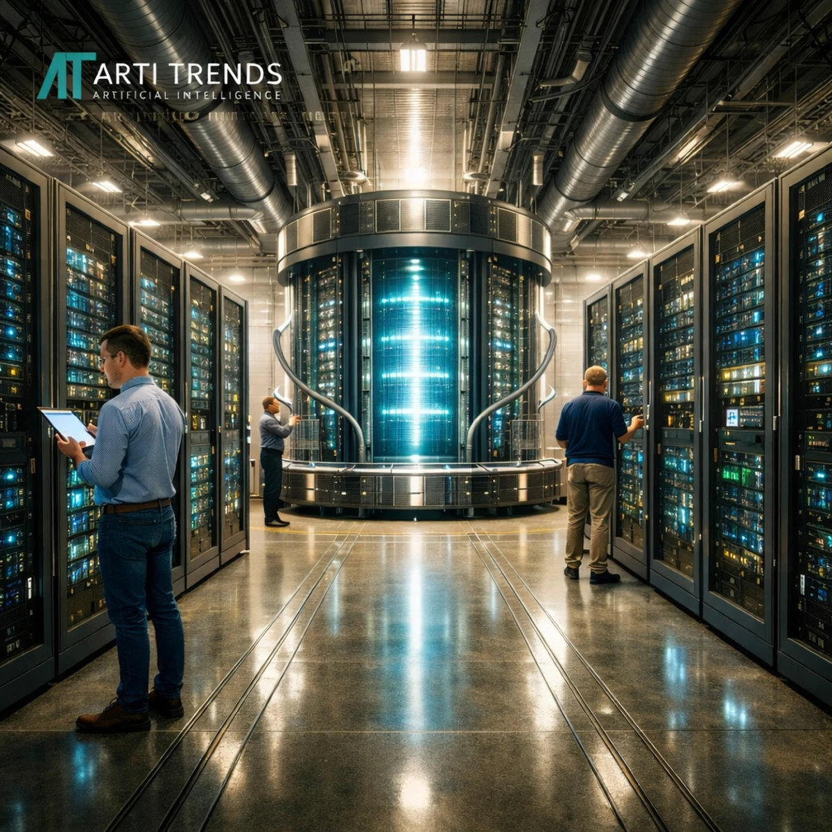 Modern data center infrastructure powering large-scale artificial intelligence systems, illustrating the capital-intensive phase of frontier AI development