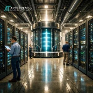 Modern data center infrastructure powering large-scale artificial intelligence systems, illustrating the capital-intensive phase of frontier AI development