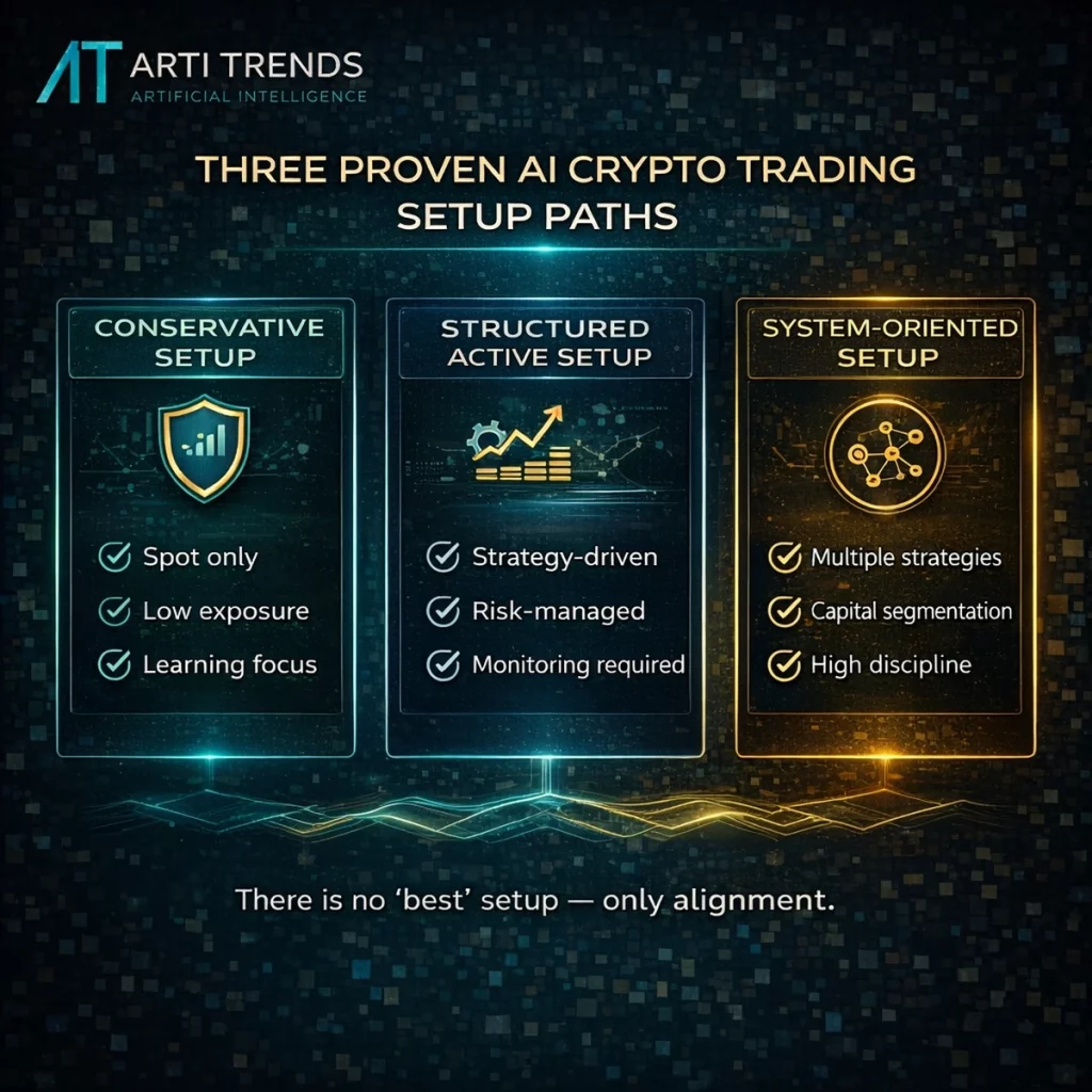 AI crypto trading setup paths infographic showing conservative, structured active, and system-oriented approaches