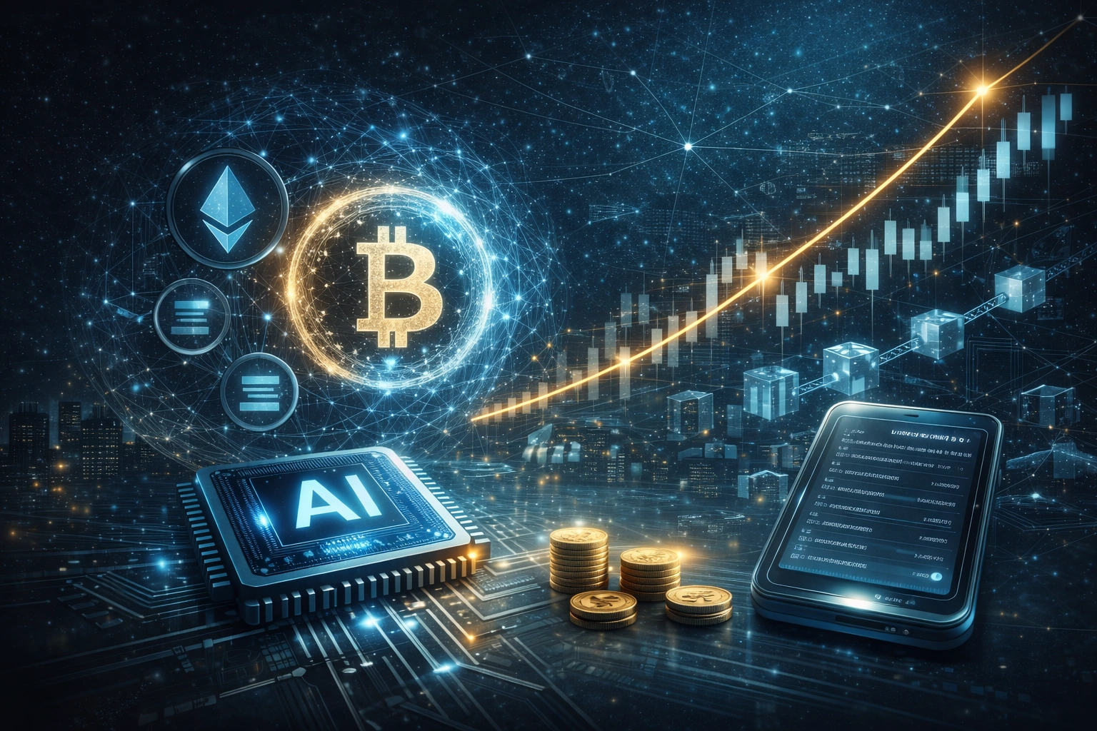 AI crypto illustration representing artificial intelligence driven digital assets, blockchain networks, and market growth