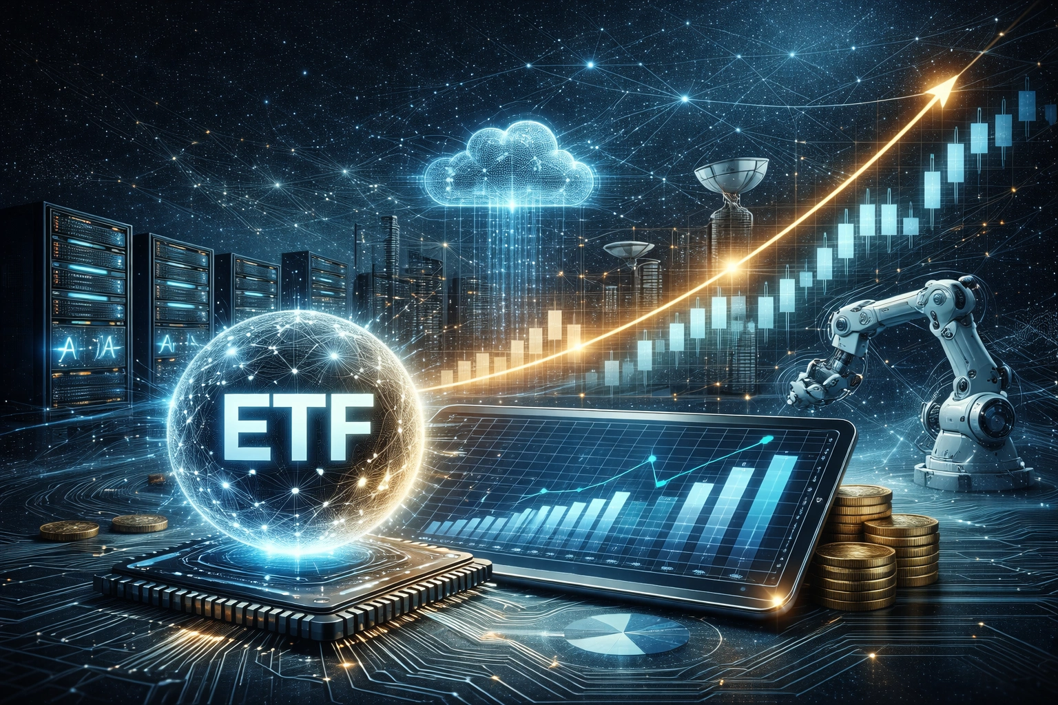 AI ETFs illustration representing diversified artificial intelligence investment exposure, portfolio allocation, and market growth