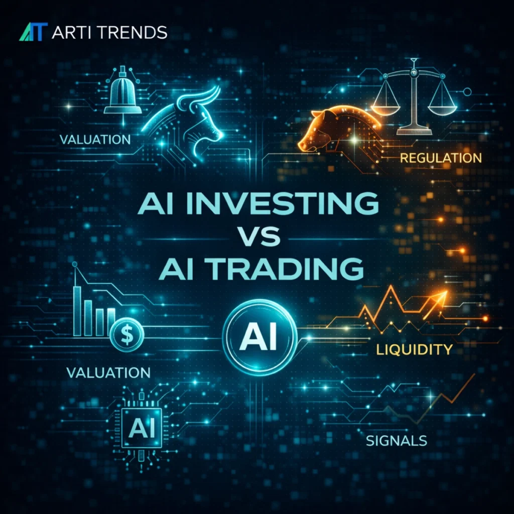 AI investing vs AI trading cover illustration highlighting structural differences in strategy, risk profile and capital allocation within artificial intelligence markets.