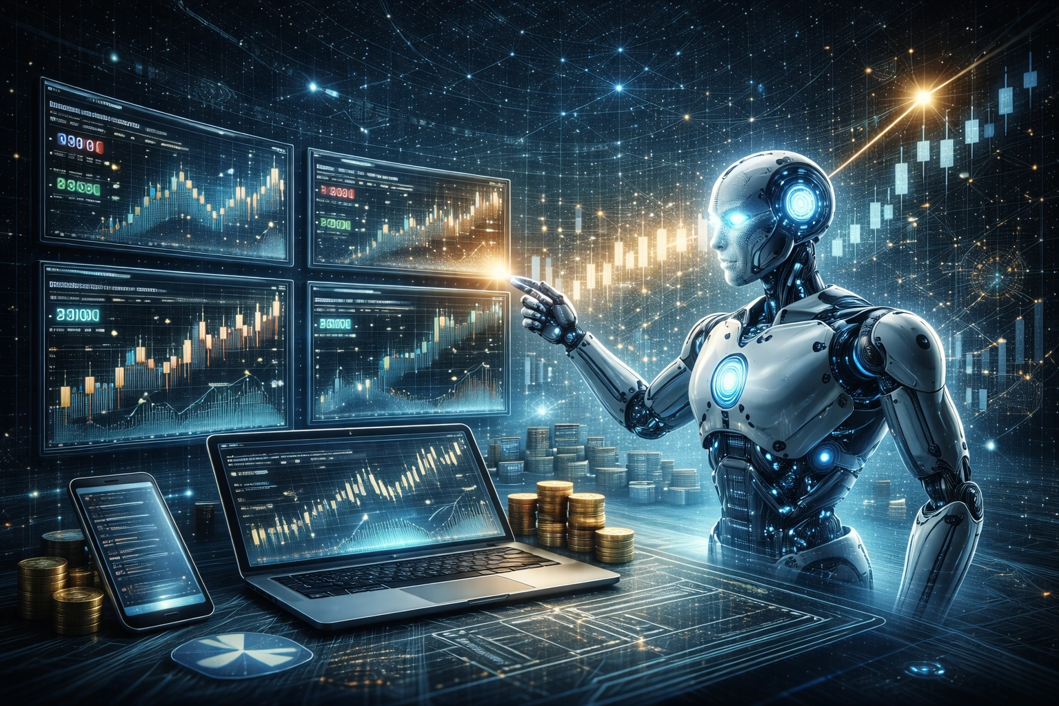 AI trading bots illustration representing automated trading systems, algorithmic strategies, and AI-driven market execution