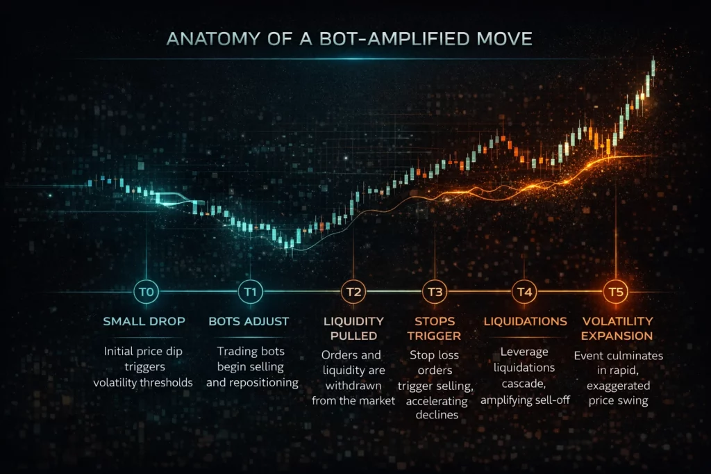 Infographic showing the anatomy of a bot-amplified crypto market move from price drop to volatility expansion