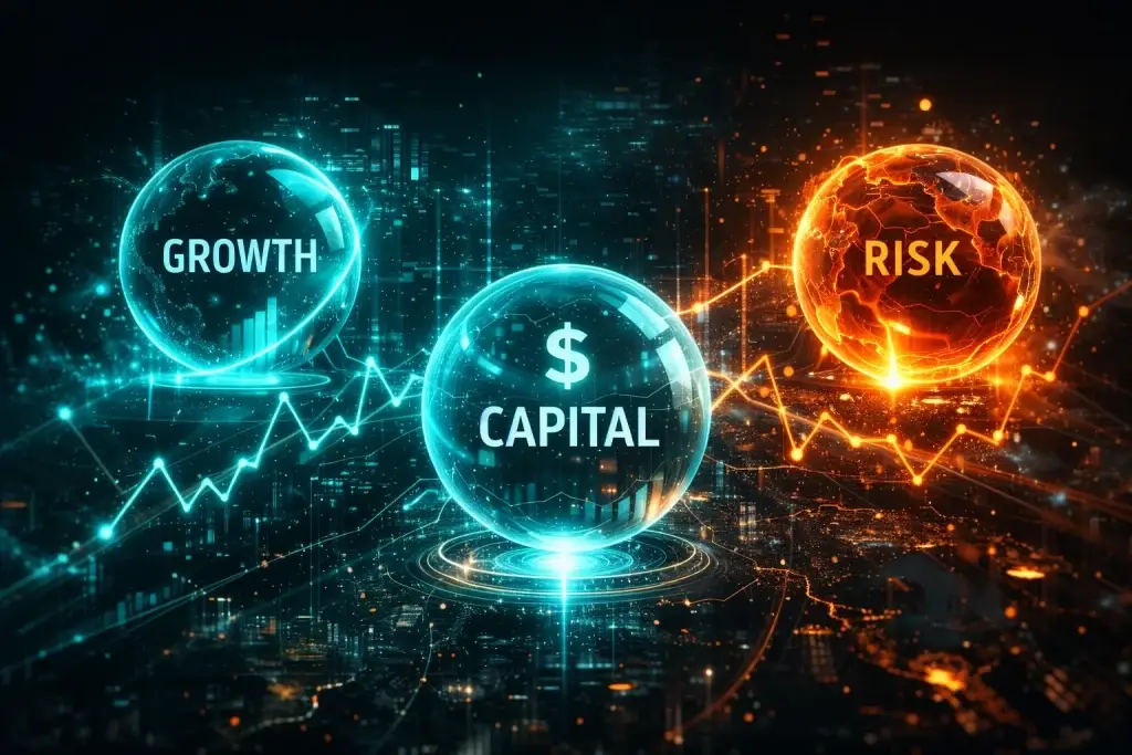 Conceptual illustration showing growth, risk, and capital dynamics in the AI infrastructure investment cycle