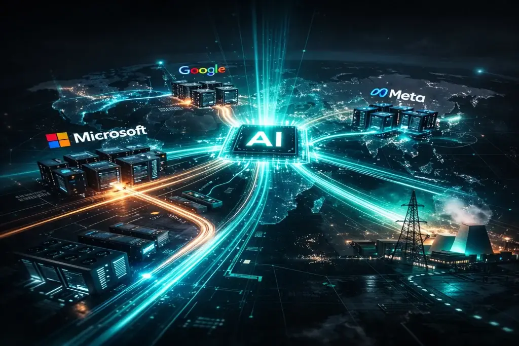 AI infrastructure race visual showing hyperscaler data centers from Microsoft, Google and Meta connected to central AI chip