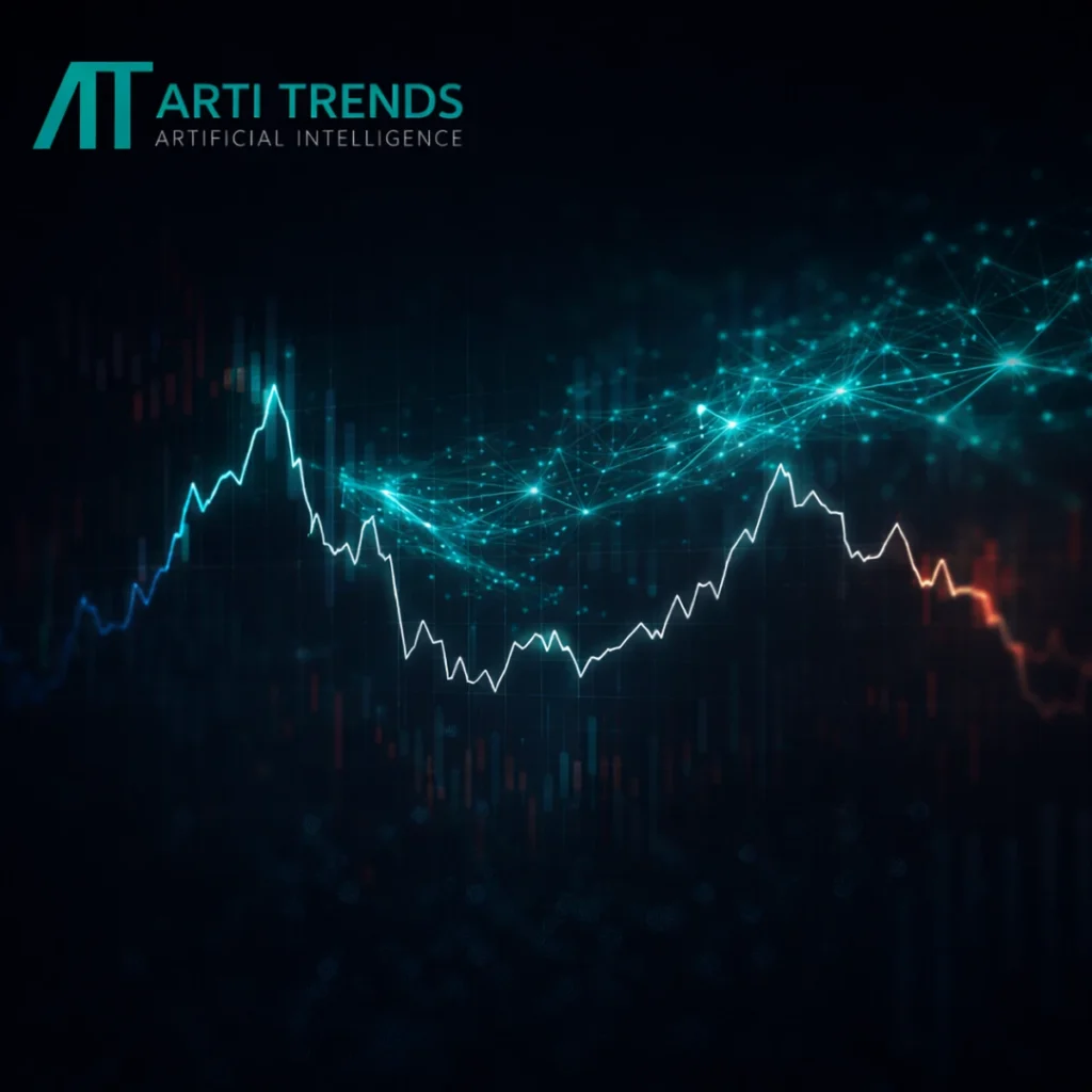 AI market correction cover showing financial chart volatility and abstract AI network in Arti-Trends style