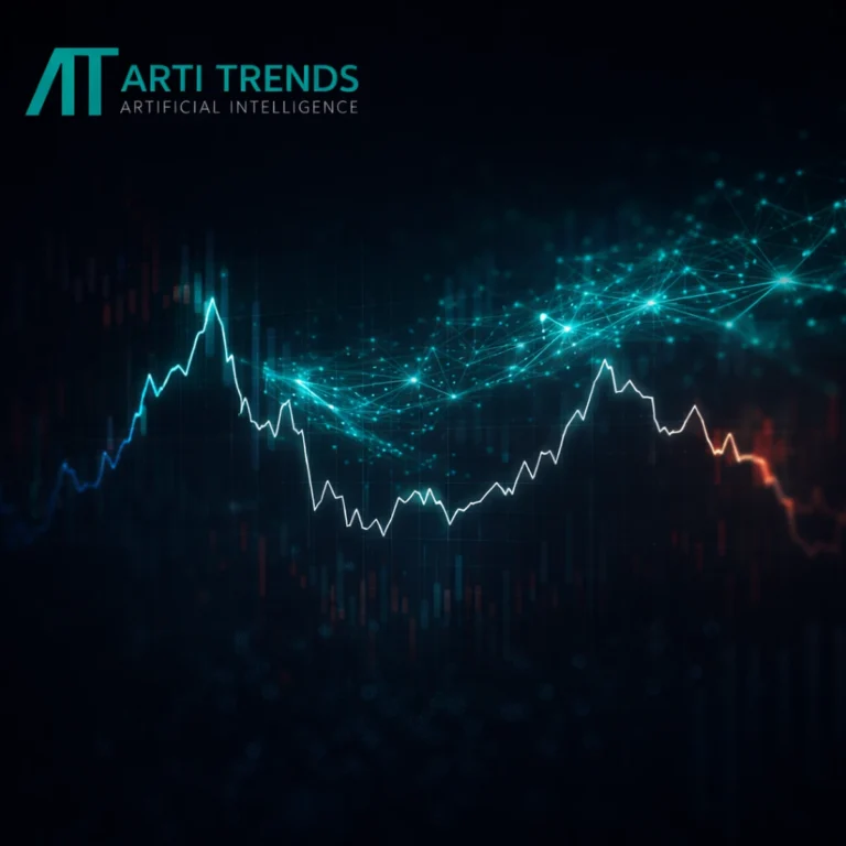 AI market correction cover showing financial chart volatility and abstract AI network in Arti-Trends style