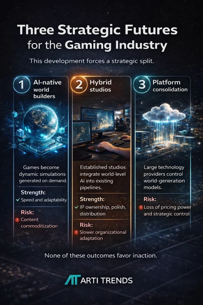 Infographic showing three strategic futures for the gaming industry: AI-native world builders, hybrid studios, and platform consolidation.