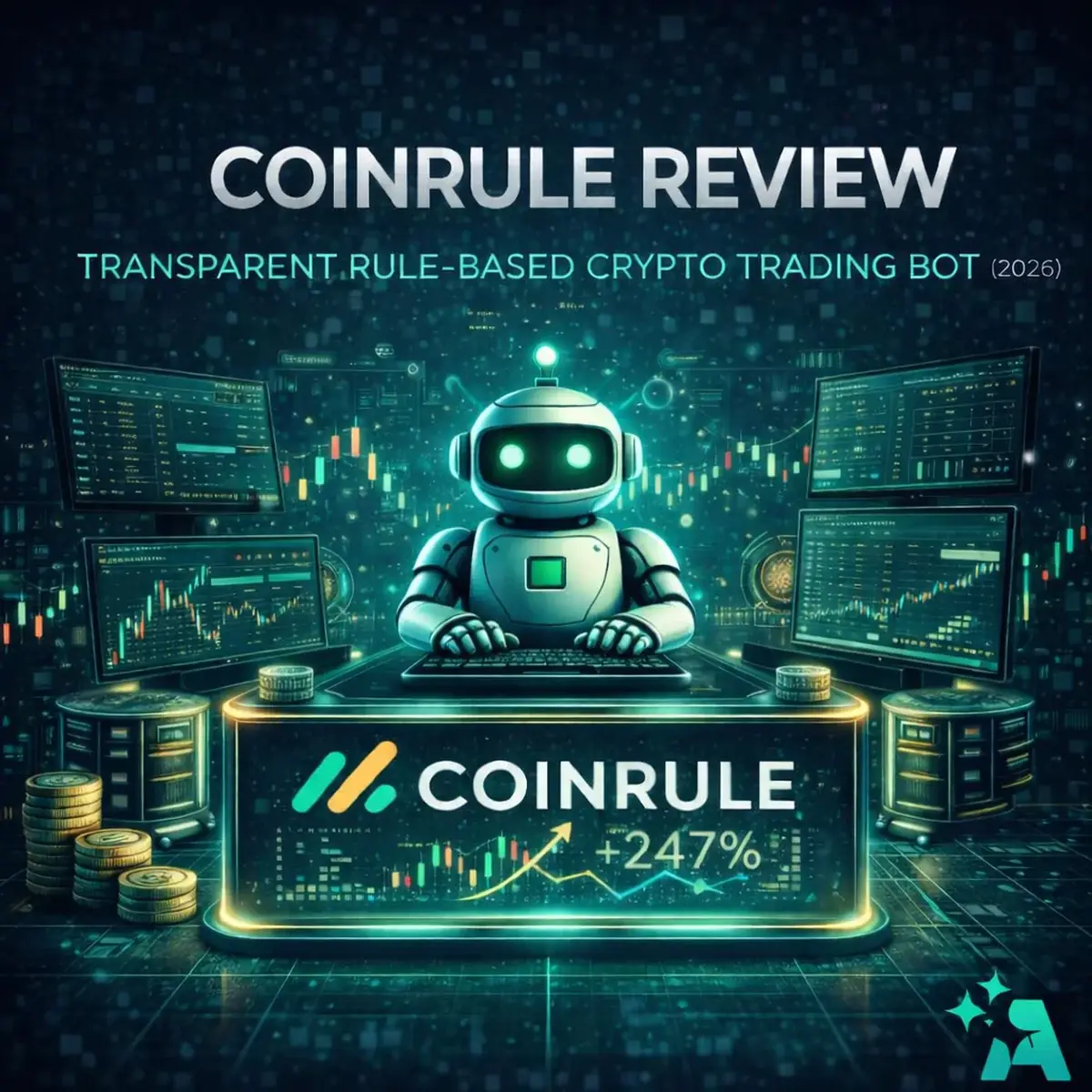 Coinrule review 2026 cover showing rule-based crypto trading bot interface with automated IF-THEN strategy builder and performance dashboard