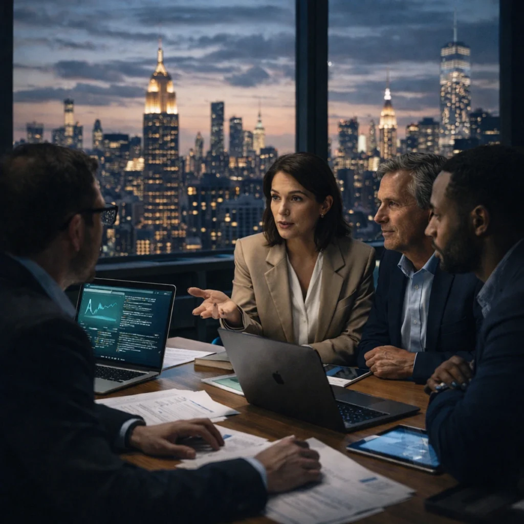 New York policymakers and media professionals discussing AI regulation with the Manhattan skyline in the background