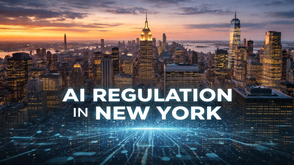 New York City skyline at sunset illustrating the growing impact of AI regulation on media, technology, and infrastructure