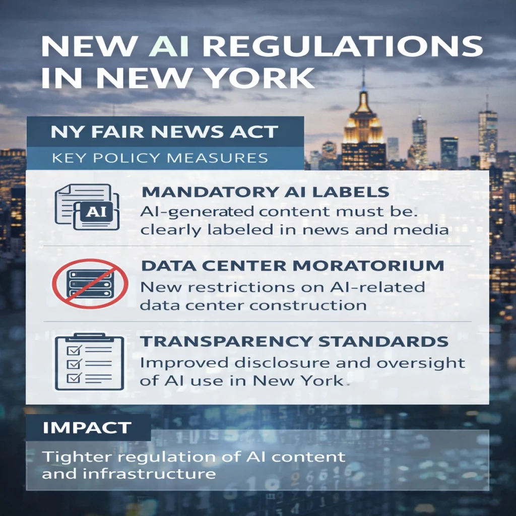 Infographic showing key elements of the NY FAIR News Act, including mandatory AI content labeling, a data center moratorium, and transparency requirements