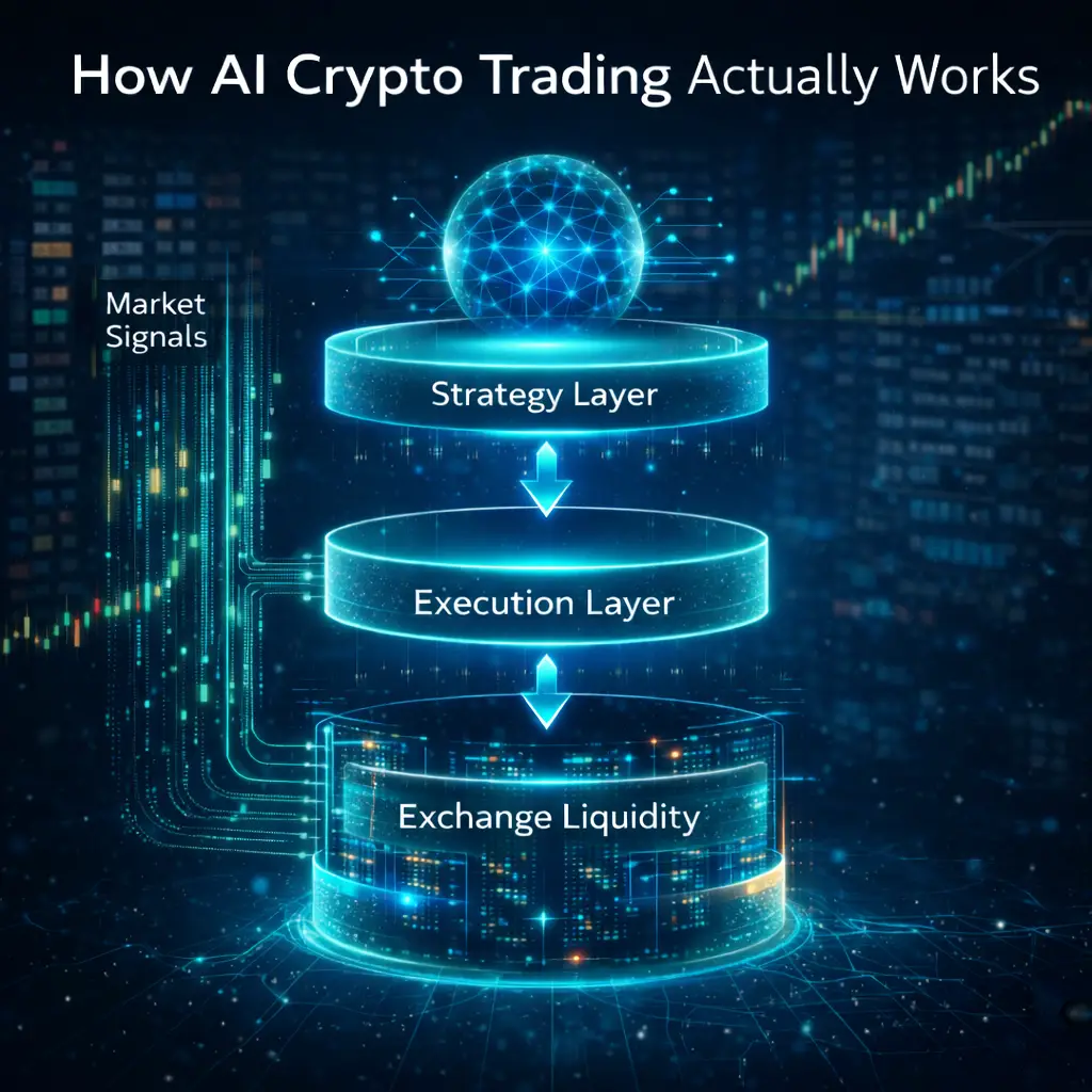 Diagram showing the three layers of AI crypto trading: strategy layer, execution layer, and exchange layer in automated trading systems