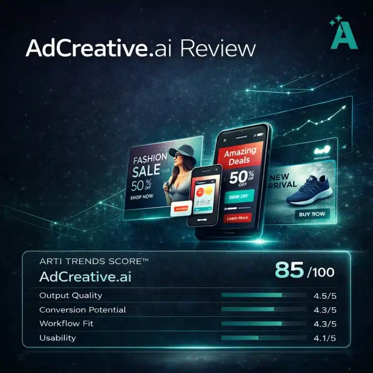 AdCreative.ai review 2026 with Arti-Trends score of 85 out of 100 showing AI ad creative generation and performance evaluation