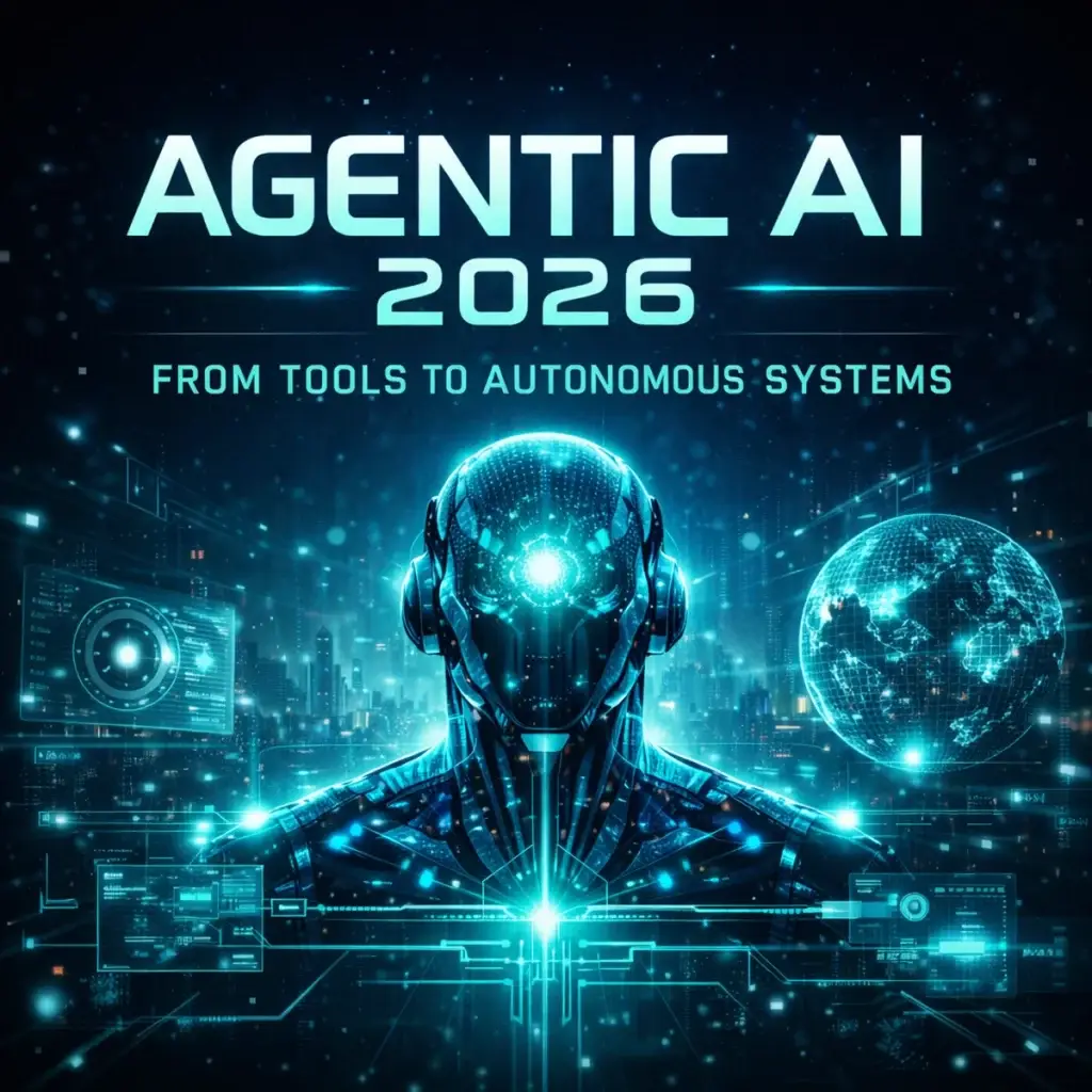 Agentic AI 2026 concept visual showing autonomous AI system with digital orchestration and enterprise workflow execution