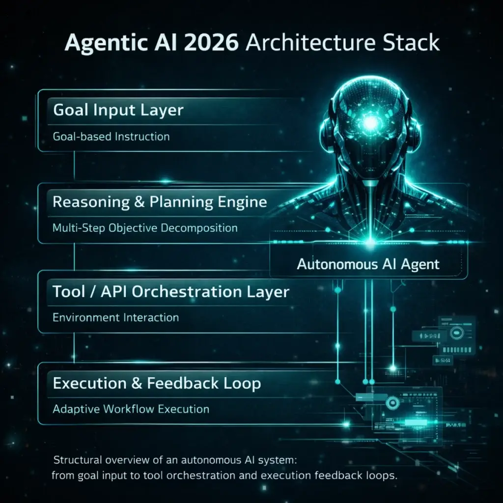Agentic AI 2026 architecture stack showing goal input, reasoning engine, tool orchestration and execution feedback layers