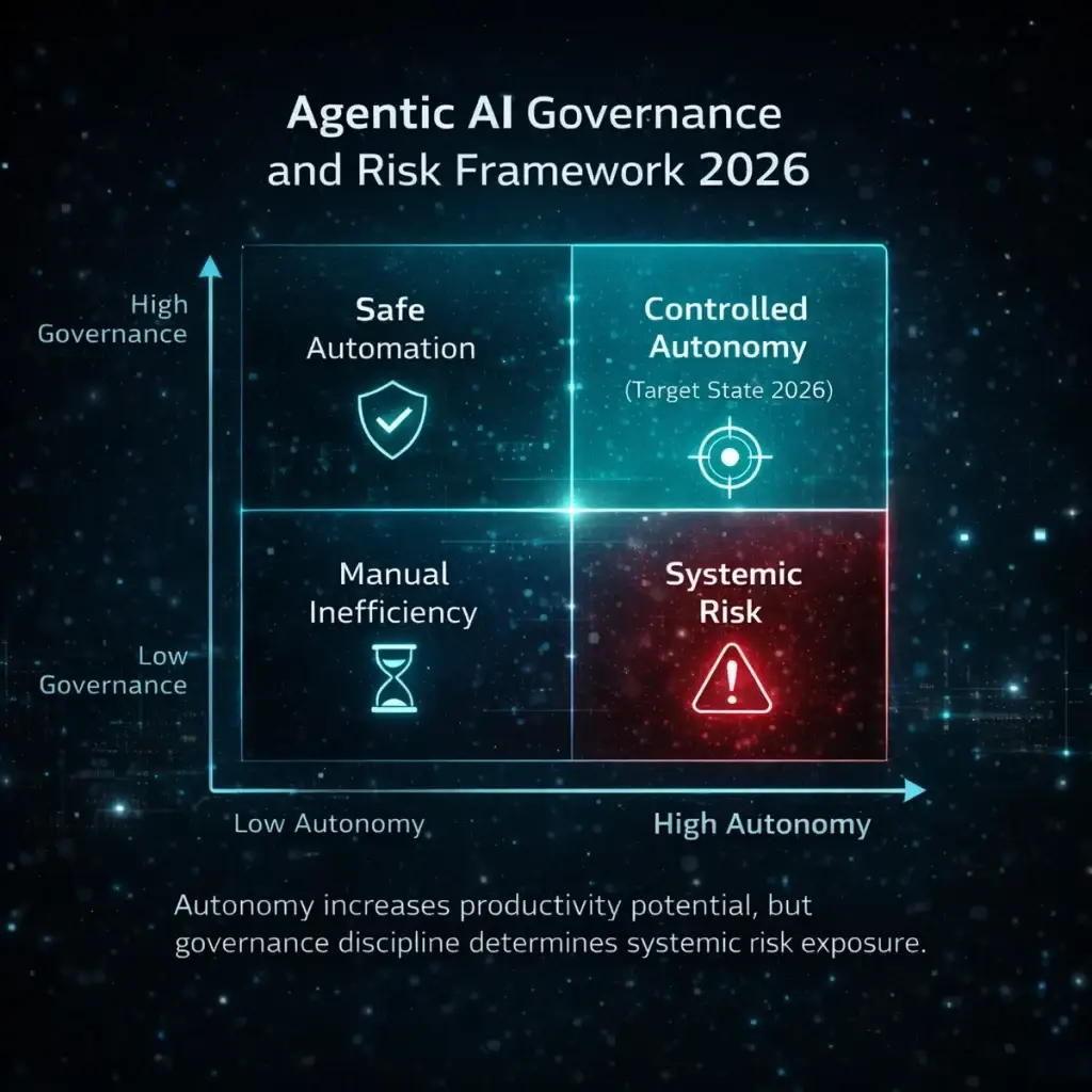 Agentic AI governance and risk framework 2026 showing autonomy versus governance control matrix