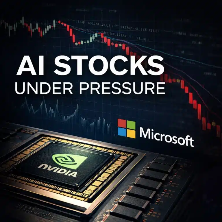 AI stocks under pressure with Nvidia chip and Microsoft logo on declining stock market chart