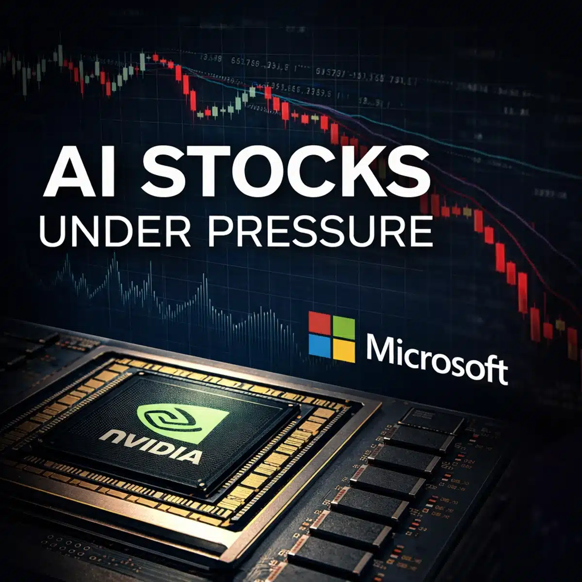 AI stocks under pressure with Nvidia chip and Microsoft logo on declining stock market chart