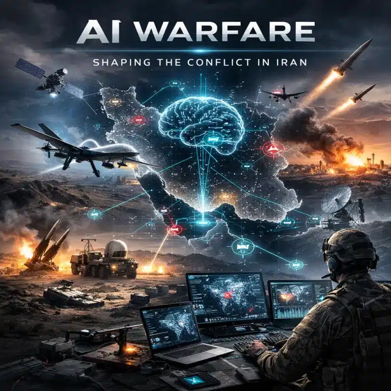 AI warfare in Iran showing modern battlefield with drones, missiles, and military AI systems