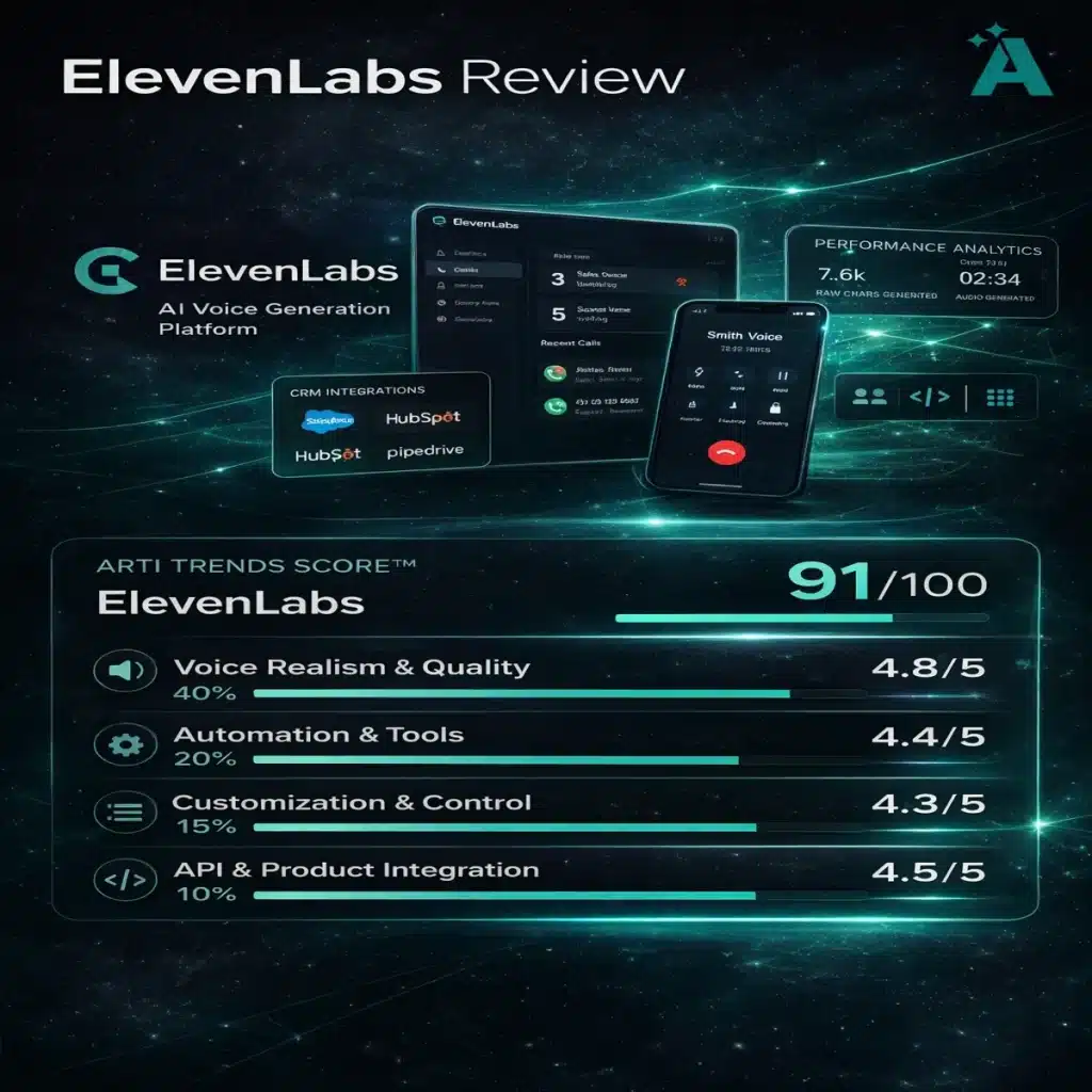 ElevenLabs AI voice generation review showing Arti-Trends score of 91 out of 100 with voice realism, automation, customization, and API integration performance metrics
