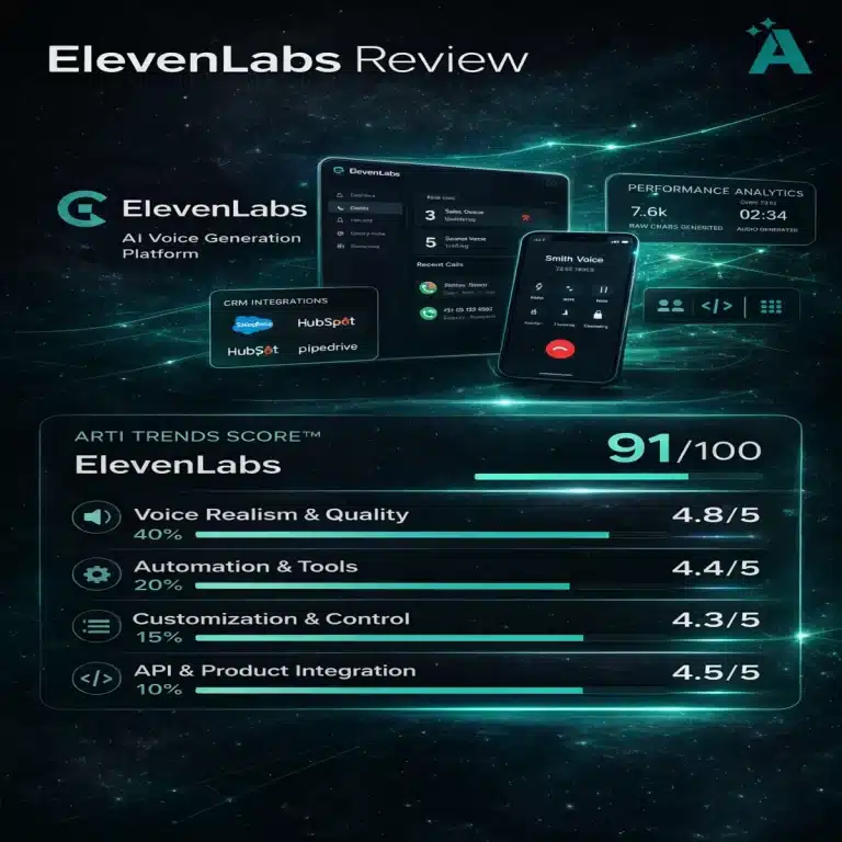 ElevenLabs AI voice generation review showing Arti-Trends score of 91 out of 100 with voice realism, automation, customization, and API integration performance metrics