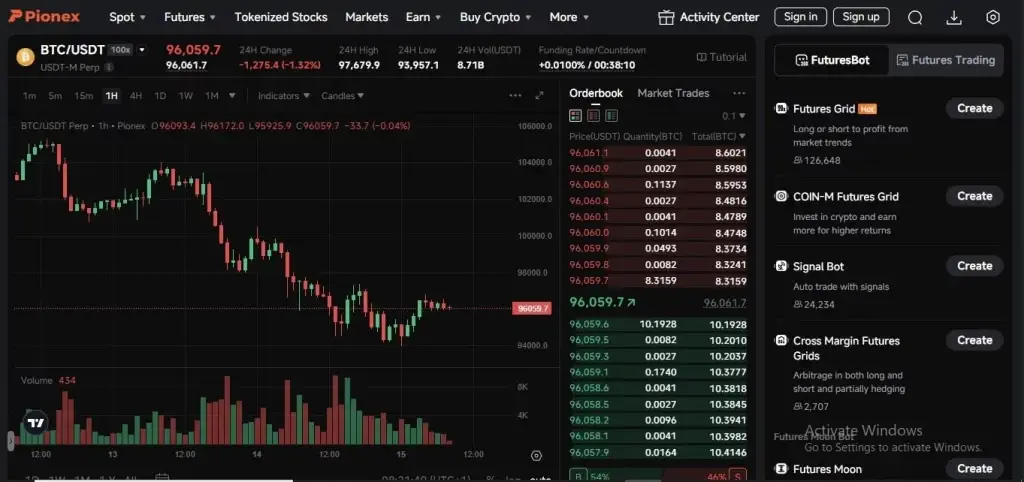 Pionex trading dashboard showing crypto chart, orderbook and built-in trading bots