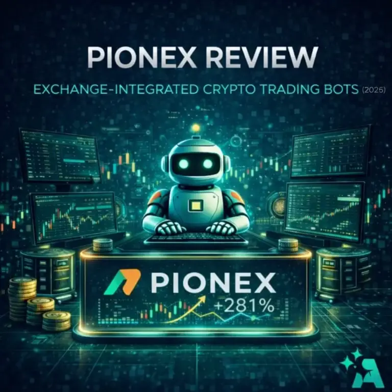 Pionex review 2026 cover showing exchange-integrated crypto trading bots and automated trading dashboards