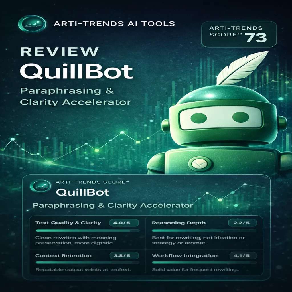 QuillBot review cover showing AI writing assistant for paraphrasing and clarity improvement with Arti-Trends score