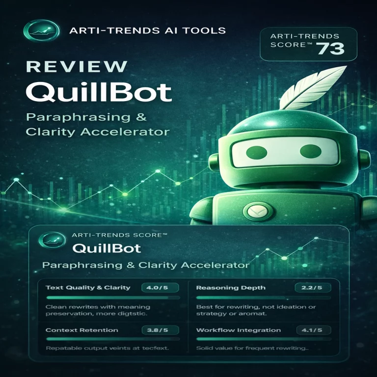 QuillBot review cover showing AI writing assistant for paraphrasing and clarity improvement with Arti-Trends score
