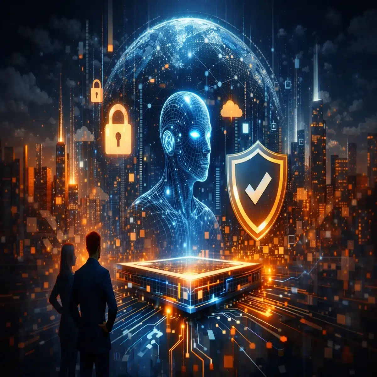 AI trust layer visualized with secure enterprise AI system, monitoring, compliance and data governance