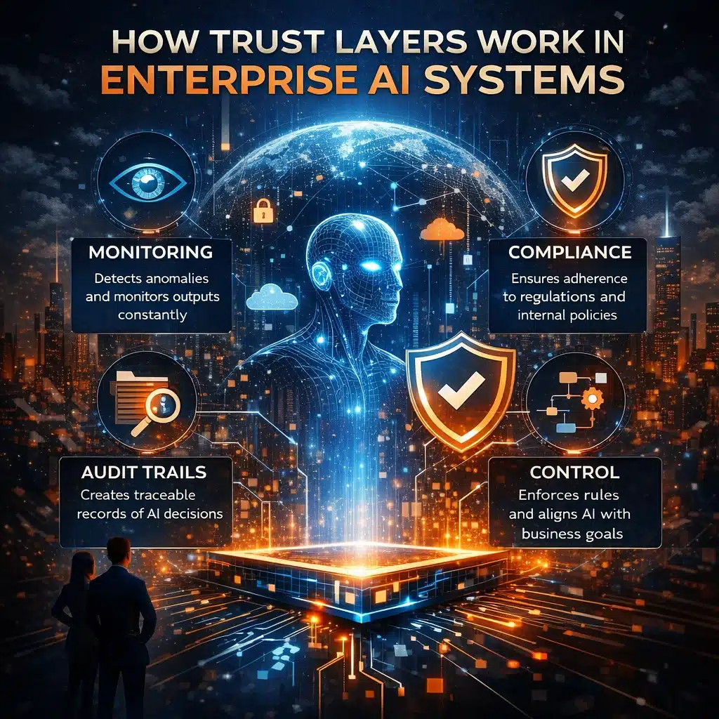 AI trust layer infographic showing monitoring, compliance, audit trails and control in enterprise AI systems