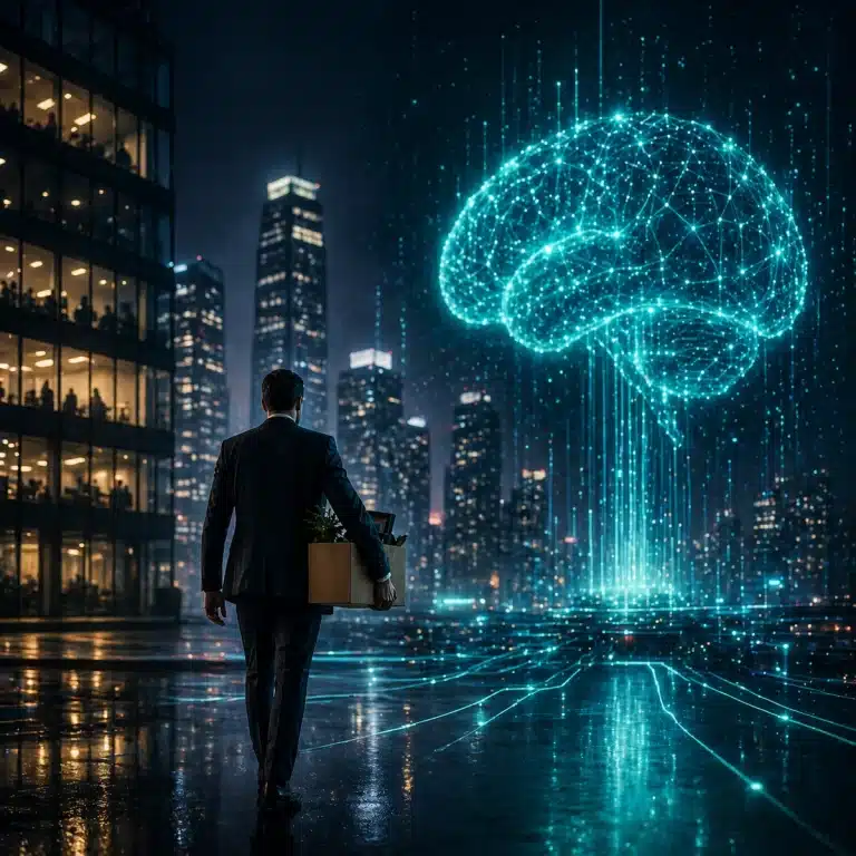 AI layoffs visualization showing worker leaving office while artificial intelligence systems rise in the background