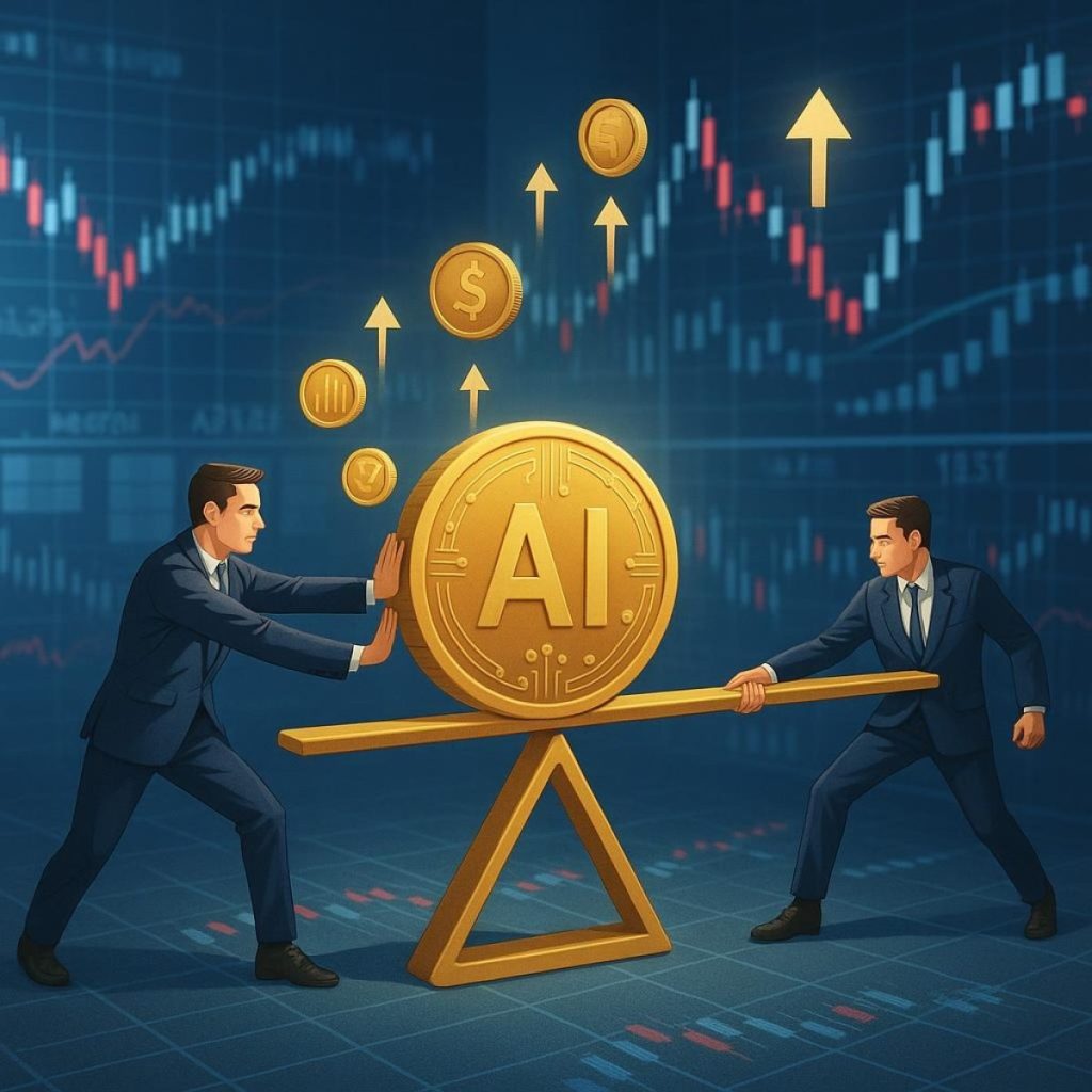 Futuristic systems room with AI token symbols and trading chart
