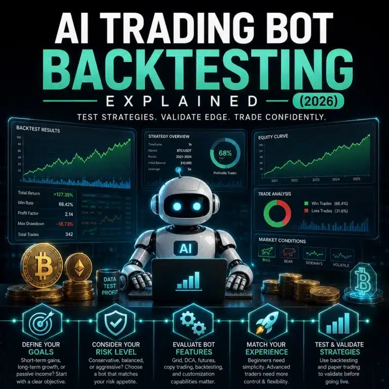 AI trading bot backtesting dashboard with automated crypto trading strategy analysis and AI-powered performance testing in 2026